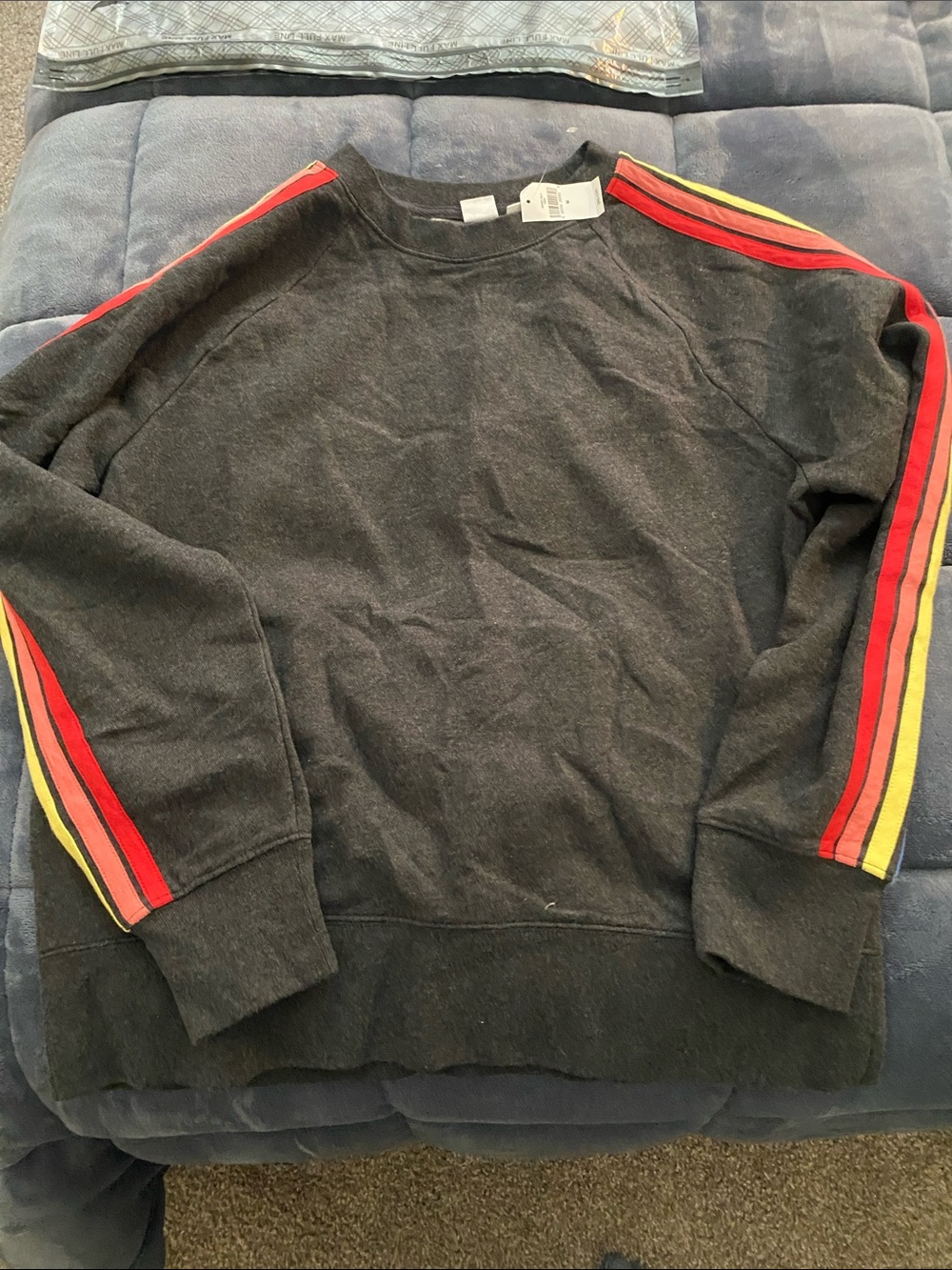 GAP Women's Charcoal Sweatshirt with Red and Yellow Sleeve Stripes